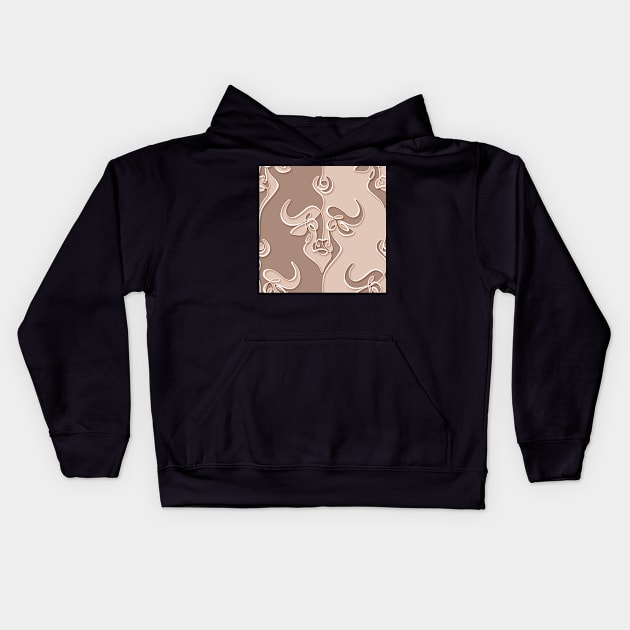 Minimalistic Continuous Line Bull Portrait with 3d effect (dusty rose and tan colorblock) Kids Hoodie by lissantee